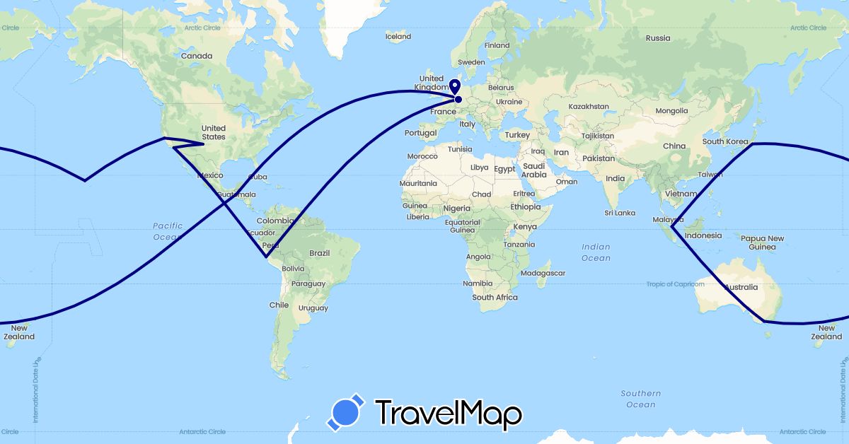 TravelMap itinerary: driving in Australia, Germany, Guatemala, Japan, Peru, Singapore, United States (Asia, Europe, North America, Oceania, South America)